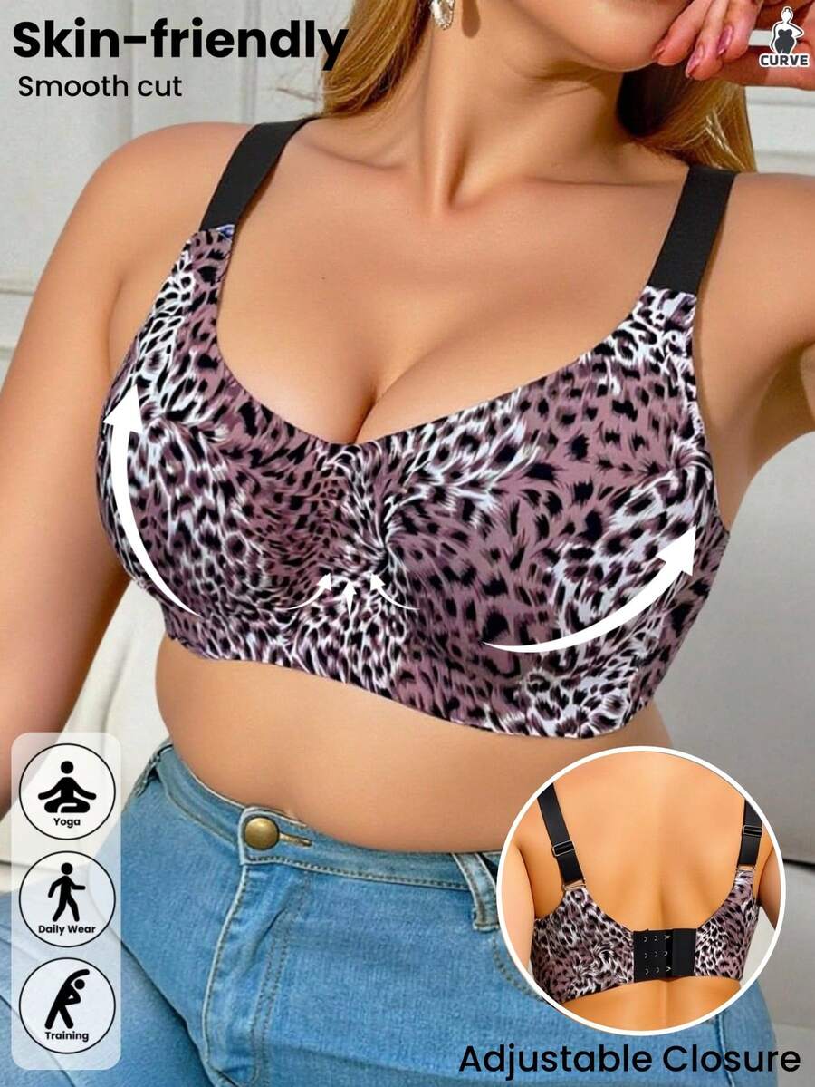 1pc Women's Seamless Leopard Print Wireless Adjustable Comfortable Sports Bra - Pink - View 1