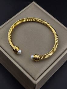 1pc 18K Gold Plated Stainless Steel Adjustable Cuff Bracelet, Elegant & Luxurious, Suitable As Gift For Family, Friends, Lover - Gold - View 5