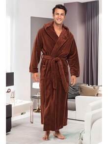 Mens Robe With Hood, Plush Fleece Hooded Mens Bathrobe, Big And Tall Bath Robe For Menhalloween - Chocolate - View 5
