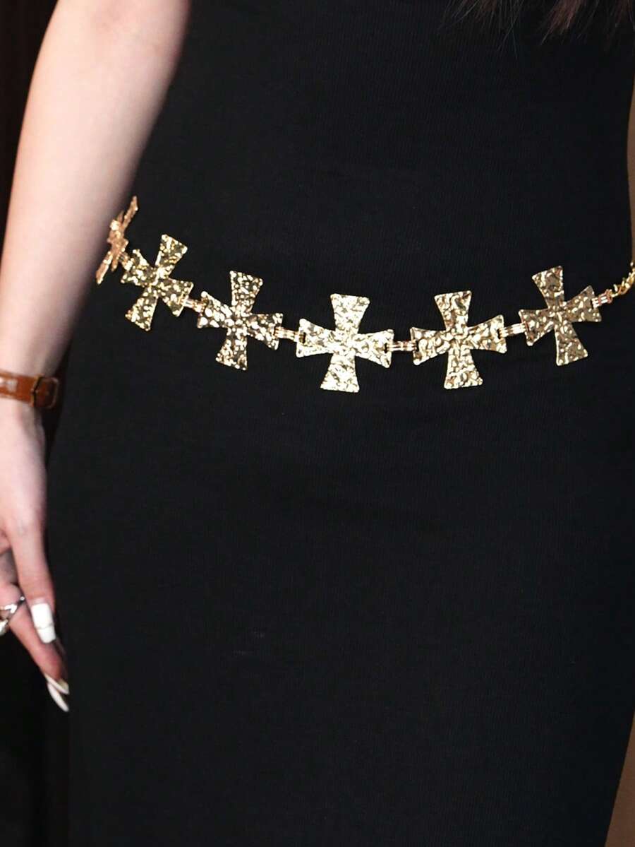 1 Women's Golden And Silver Cross Waist Chain, Elegant And Versatile, Fashionable Street Style, Women's Metal Belt, Match With Dress, Daily Use - 金色 - 查看 1