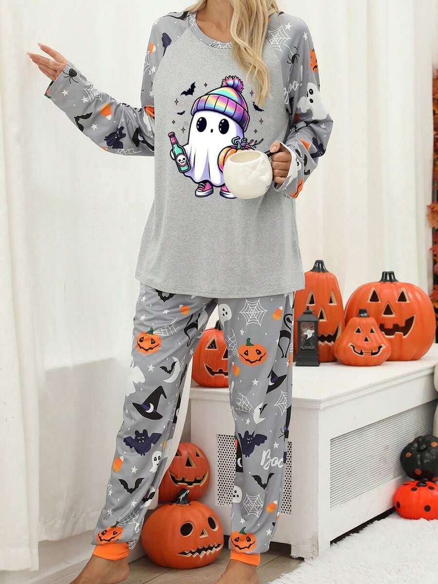 Women Halloween Pajama Set, Ghost Print Long Sleeve T-Shirt With Pants Sleepwear Loungewear - 淺灰紫 - 查看 1