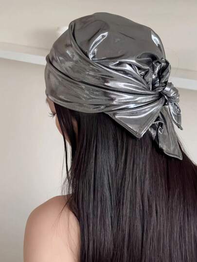 1pc Classic Solid Color Scarf, Women's Black Mesh Scarf For Traveling, Neck Sun Protection, Silver Headscarf, Y2K Hip-Hop Style, Versatile Accessory For Dress