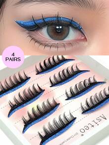 4 paia di ciglia finte in stile manga con glitter blu e adesivi per eyeliner nero, design senza colla, look di trucco drammatico, adatto per feste, festival musicali e look da palcoscenico - Ciglia glitterate - Visualizzare 1