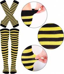 Tongcloud Women's Striped Knee High Socks, Over Knee Thigh High Socks, Arm Warmer And Fingerless Gloves SetHalloween Christmas New Year - 黑色和黃色 - 查看 3