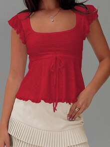 Women's Summer Slim Cropped Tops Flying Sleeve Square-Neck Tie Bow Front Jacquard T-Shirt - 紅色 - 查看 2