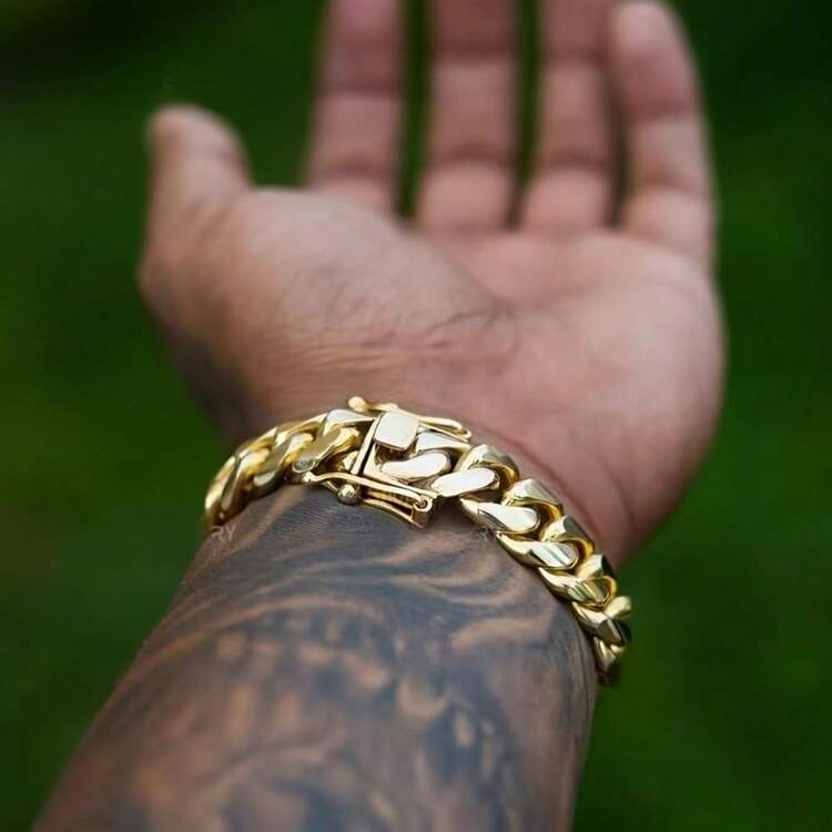1pc Men's 18K Gold Plated Plated Cuban Link Chain Bracelet  8-22mm Men'S Cuban Chain  Classic Hip-Hop Accessory 316L  Stainless Steel Unisex Gift Music 2025 Autumn And Winter Fashion Bracelet Auspicious New Year Gifts - 22毫米/0.86英寸 - 查看 3