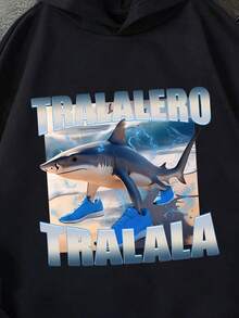 Tween 男童 Tralalero Tralala 運動鞋，四足鯊魚 AI 圖案，休閒百搭寬鬆運動街頭風，棉墊舒適長袖上衣運動衫 - 黑色 - 查看 3