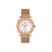 Tissot 1 Ceas elegant elvețian cu cuarț, cu carcasă din oțel inoxidabil 316L de 36 mm, acoperire PVD auriu-roz, cristal de safir rezistent la zgârieturi, afișaj dată, mecanism cu cuarț elvețian, curea din plasă PVD auriu-roz cu cataramă tip bijuterie și rezistență la apă de 100 m - Tissot PR100 Sport, accesoriu de modă pentru femei