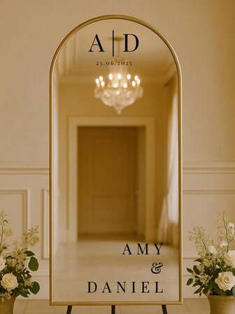 Spegeldekal för bröllop, välkomstskylt, personlig spegelskylt med namn, initialer, datum, elegant mottagningsdekor