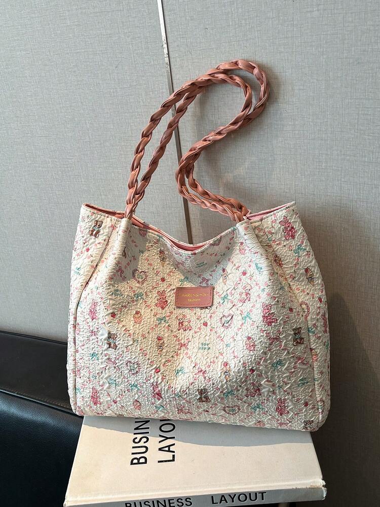 Casual Cartoon Tote Bag, Minimalist Design, Suitable For All Seasons, Autumn/Winter, Random Pattern/Scarf Color , Pink - Pink - View 1