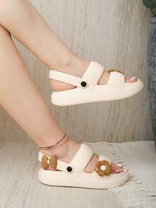 Sandalias de mujer, chanclas con plataforma, pantuflas cómodas, estilo chunky de esponja - Beige/Flor - Ver 3