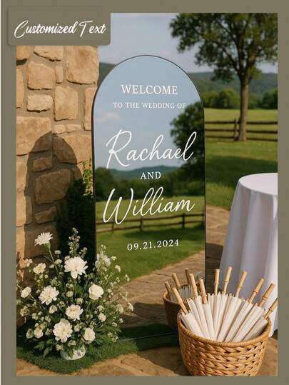 Pegatina personalizada de espejo para el cartel de asientos de la boda - Decoración de cartel de boda DIY - Pegatina de espejo del cartel de asientos - Bienvenido a la boda de la pegatina de espejo - Pegatina de letras personalizadas en espejo - Recién casados - Decoración de boda y matrimonio / Cartel de bienvenida a la boda moderno / Nombres y fechas de la pareja personalizados, de alta calidad, personalizado, salón de té