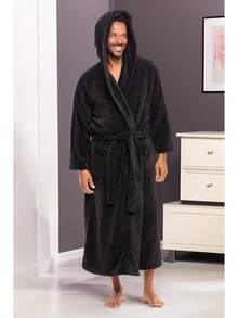Mens Robe With Hood, Plush Fleece Hooded Mens Bathrobe, Big And Tall Bath Robe For Menhalloween - Black - View 2