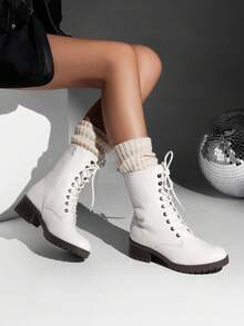 Women's Lace-Up Combat Boots Mid-Calf Militarys Classic And Stylish Winter Festival Christmas Black Boots - 白色 - 查看 5