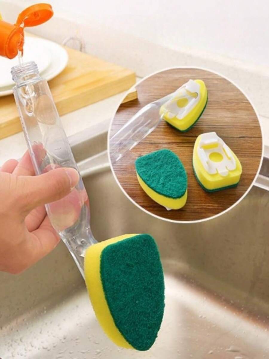 1 Ergonomic Dishwashing Brush + 2 Replaceable Brush Heads, Multi-Functional Dish Scrubber And Sponge, Strong Cleaning Tool For Bowls, Pots, Pans And Sinks; Essential For Kitchen Sink, Suitable For Home, Restaurant And Commercial Use; Replaceable Brush Heads, Non-Slip Handle, One-Handed Quick Operation, Suitable For Camping And RV Travel. - Multicolor - View 1