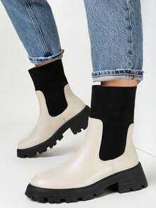 Botas de cano alto elásticas, modernas, casuais, minimalistas, com blocos de cores para uso diário - Bege - Ver 1