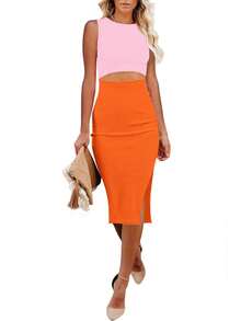 Elegante vestido midi ajustado blanco con cortes - Rosa claro anaranjado - Ver 1