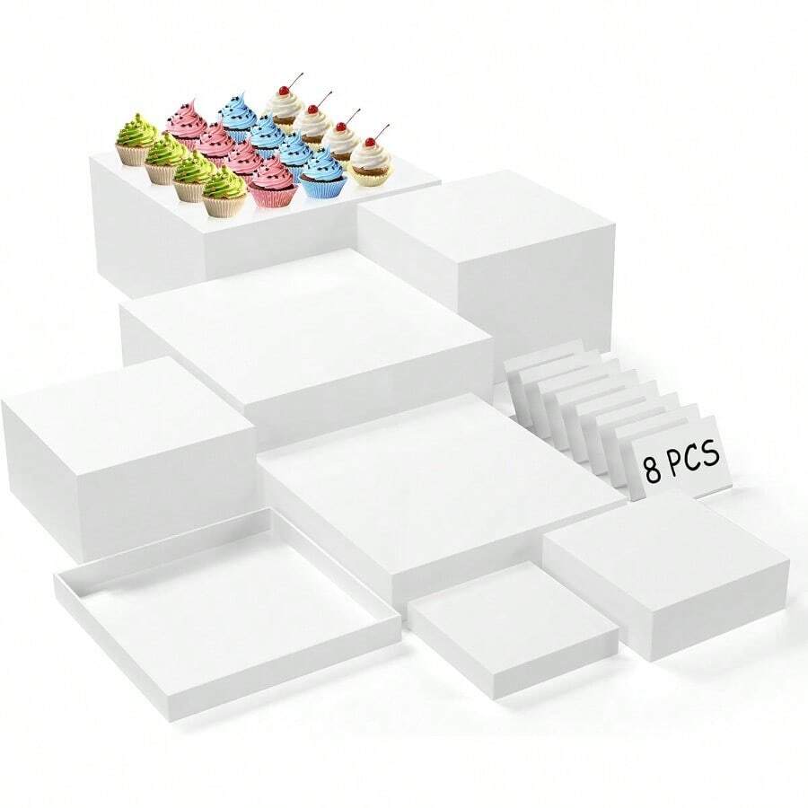 8PCS Buffet Risers Acrylic Large Food Risers With Mini Signs Buffet Table Acrylic Cube Display Stands Box Risers For Party Catering Dessert Jewelry Nesting Risers With Hollow Bottom White - trắng - Xem 1