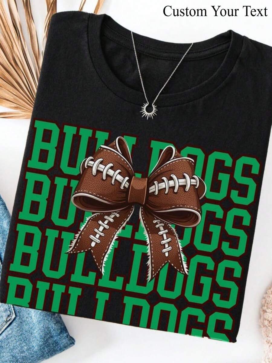 1pc Personalized Team Mascot Bow Shirt, Custom Coquette Bow School Spirit Shirt For Girls Teacher Women, Game Day Football Team Women, Cheer Mascot, Sport Youth Toddler Shirt, Game Season Game Day Theme T-Shirt, 100% Cotton, S-2XL - 黑色 - 查看 1
