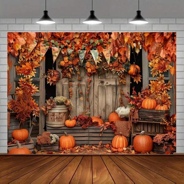 1 Kate Thanksgiving Fotografie Hintergrund Tuch - Herbsternte Blätter und Kürbis Land Holztür Design, strapazierfähiger Polyester Herbst Fotografie Hintergrund, keine Elektrizität erforderlich, festliche Dekoration, multifunktionale Dekoration, geeignet für Thanksgiving Partys, saisonale Fotoshooting