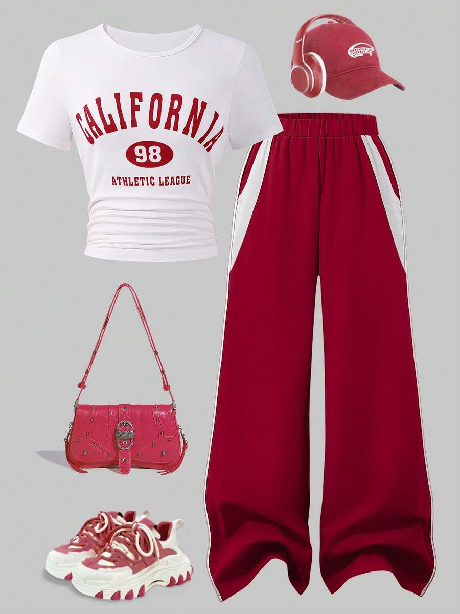Set 2pcs/Set Kaos Lengan Pendek Leher Bulat Kasual dengan Cetakan Huruf & Celana untuk Remaja Putri, Musim Semi/Panas - Merah - View 1