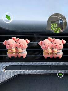 1pc Cute Piglet Drinking Bubble Tea Acrylic Car Air Vent Clip Fragrance Diffuser, Car Air Freshener Vent Clip, Car Interior Decor - Multicolor - View 4