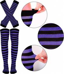 Tongcloud Women's Striped Knee High Socks, Over Knee Thigh High Socks, Arm Warmer And Fingerless Gloves SetHalloween Christmas New Year - 黑色和紫色 - 查看 3