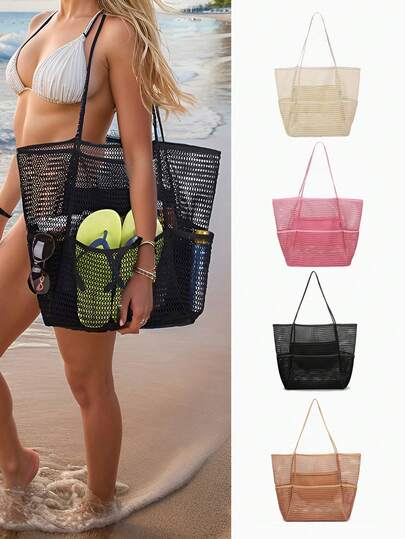 Mesh Beach Bag, Women's Shoulder Tote Bag, Large Capacity Foldable Mesh Swim Bag With Pocket, Bath Swimming Toiletries Storage Bag, Beach And Seaside Entertainment Storage Tote Bag, Summer