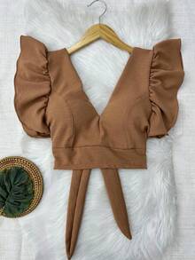 Cropped Blouse With Padding And Tied At The Back, Women's Fashion - Marrón - Ver 1