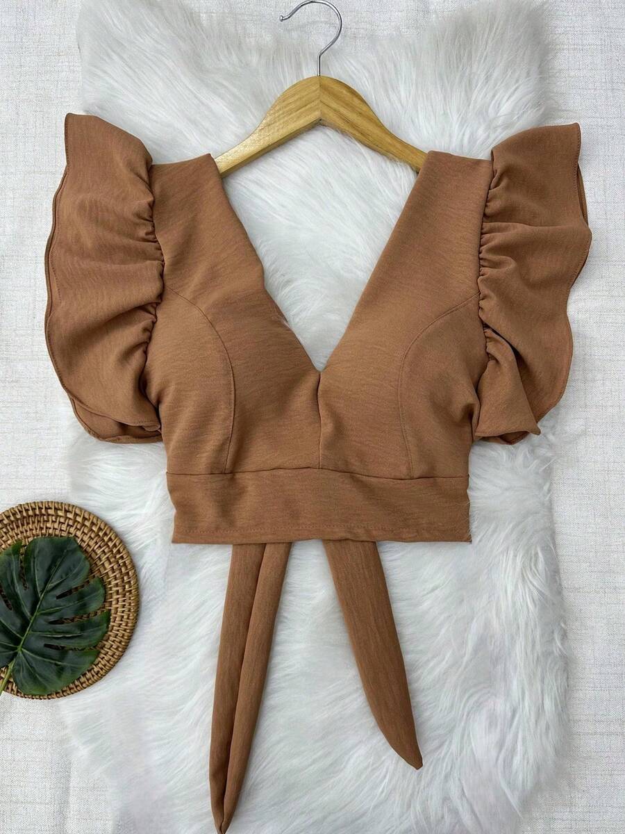 Cropped Blouse With Padding And Tied At The Back, Women's Fashion - Marrón - Ver 1