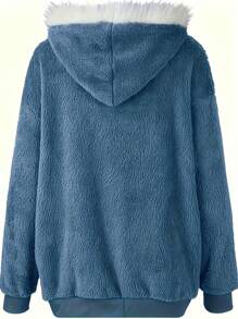 Women's Casual Color Blocked Fuzzy Hooded Jacket, Autumn & Winter