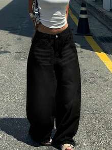 Casual American Street Style Minimalist Daily Commute Versatile Women Jeans - Black - View 5