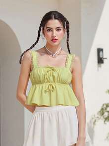 Camisola para mujer, top sin mangas con espalda descubierta, plisado, liso, con lazo, chaleco de verano para fiesta y club. - Amarillo - Ver 4