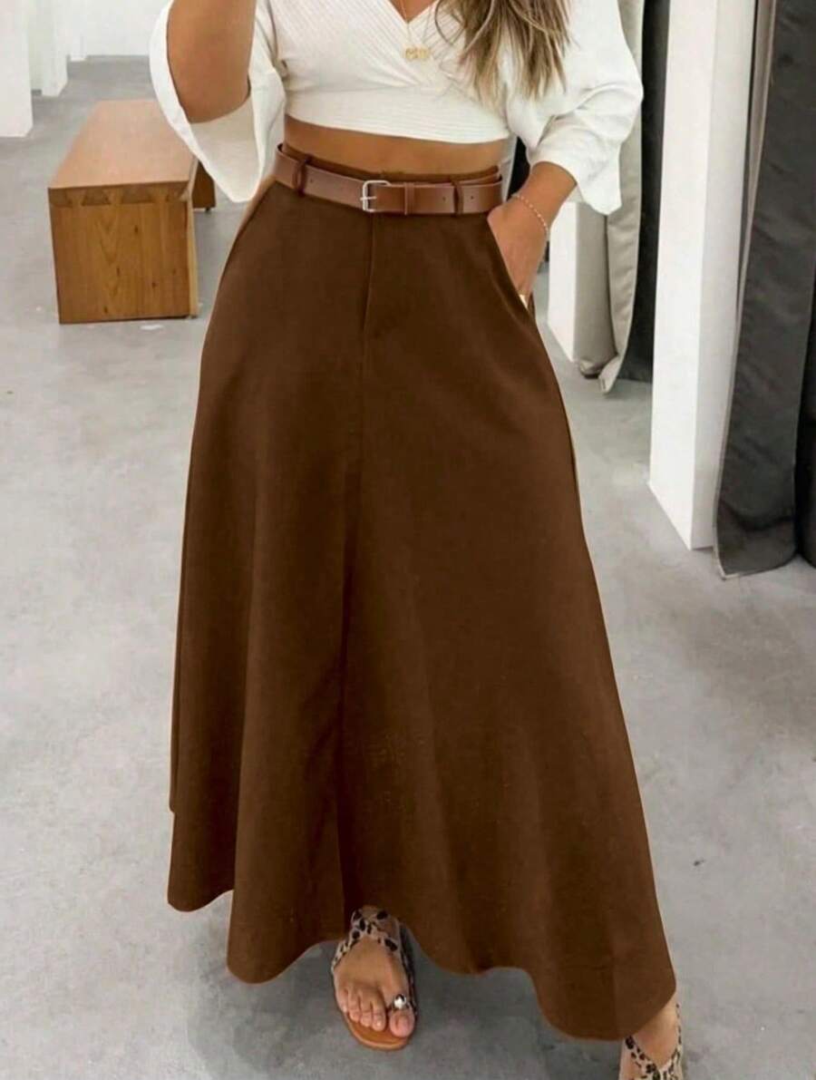 Solid Color High Waist Skirt With Pockets On Both Sides And Wide Hem - Maroon - View 1