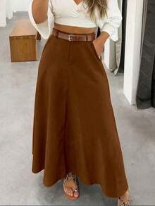 Solid Color High Waist Skirt With Pockets On Both Sides And Wide Hem - 摩卡棕 - 查看 1