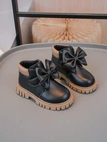 1 Pair Children's Fashion New Lychee Texture PU Hook And Loop Design Bow Decor Anti-Slip Soft Durable Chelsea Boots - Black - View 2