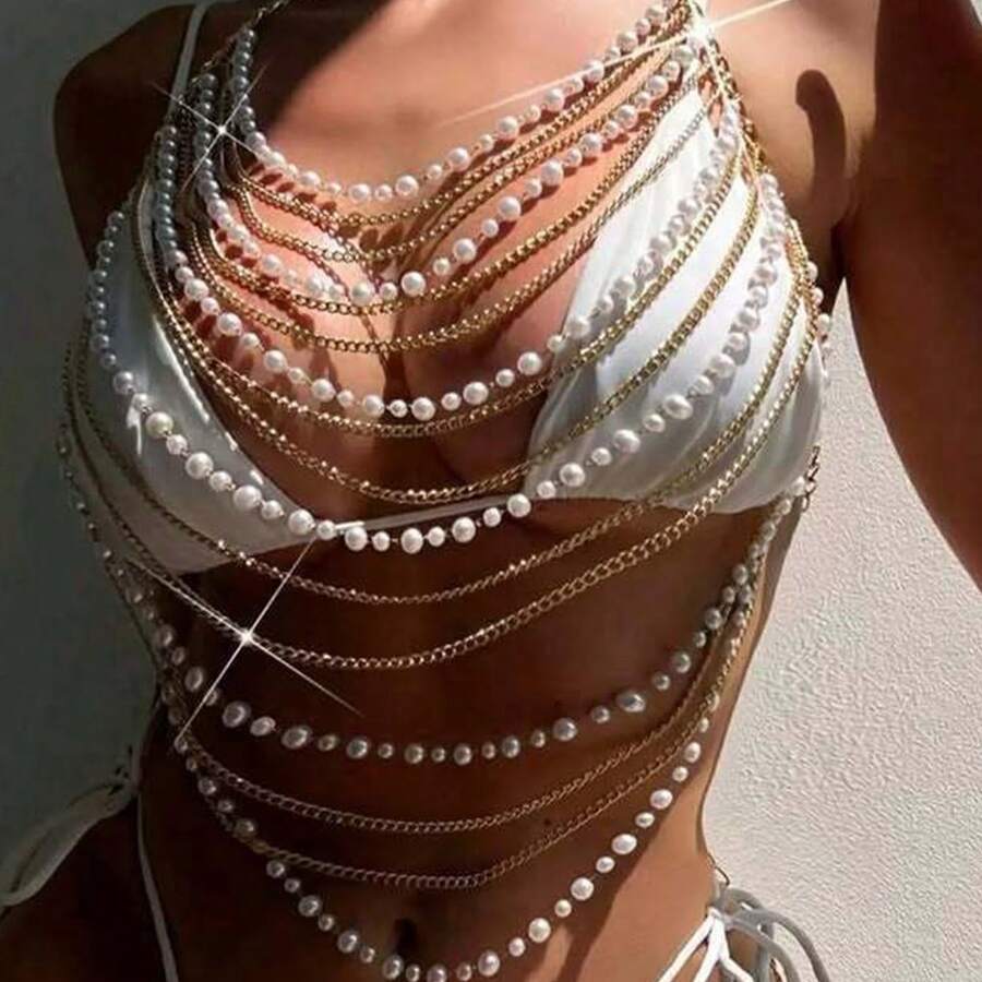 Multi-Strand Punk Tassel Fringe Chain Halter Neck Pearl-Adorned Cami Top - Edgy Body Chain & Chest Chain Statement Piece - F4941Y-Gold - 查看 1