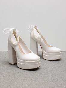 Women's  Chunky High Heels Mary Jane Platform Pumps Pearl Bow Fashionable Weddings Dating Festival Y2K Shoes For Fall And Winter - 白色 - 查看 7
