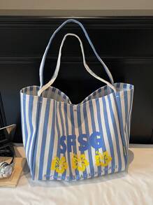 Retro Striped Canvas Tote Bag, Large Capacity Letter Print Student Shoulder Bag For School And Commute - Multicolor - View 14