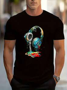 Earphone Printed T-shirt Men's Casual  Summer And Autumn Slightly Elastic Round Neck T-shirt - Noir - Voir 1
