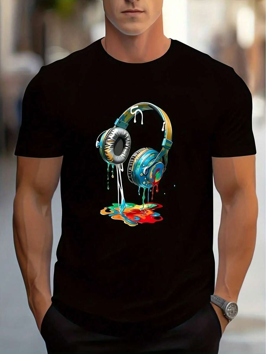 Earphone Printed T-shirt Men's Casual  Summer And Autumn Slightly Elastic Round Neck T-shirt - Noir - Voir 1