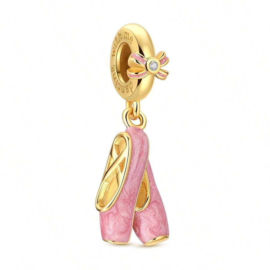 1pc Gold/Silver Elegant Pink Bow Ballet Shoe Pendant, Compatible With Original Snake Chain Necklace Beads, For DIY Jewelry Making, Anniversary/Valentine's Day Gift For Her - Gold - View 1