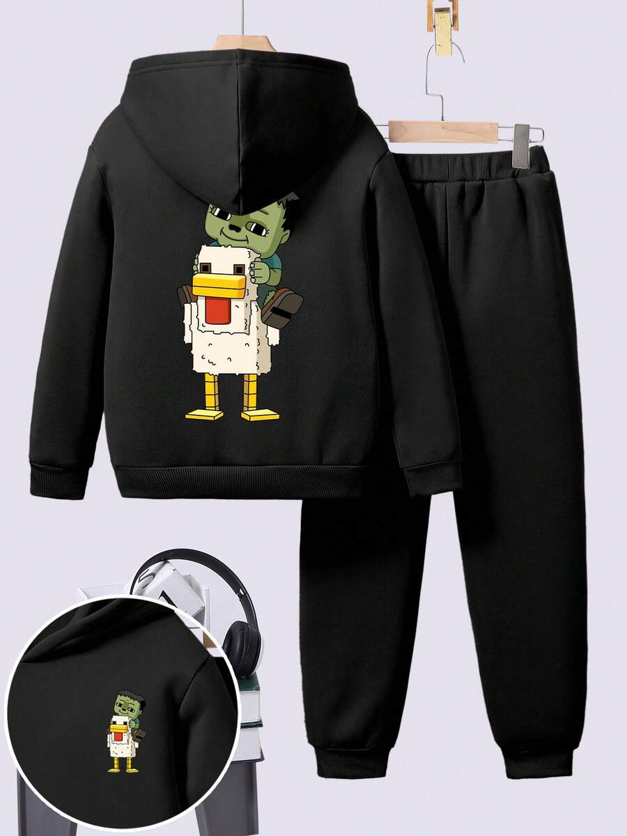 Tween Boy Cartoon Print Warm Hoodie And Sweatpants Casual Outfit