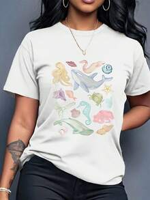 Camiseta Gráfica de Vida Oceánica ,Camiseta informal de algodón de verano para mujer, manga corta, cuello redondo, 220 g/m2 (1 pieza) - Blanco - Ver 1