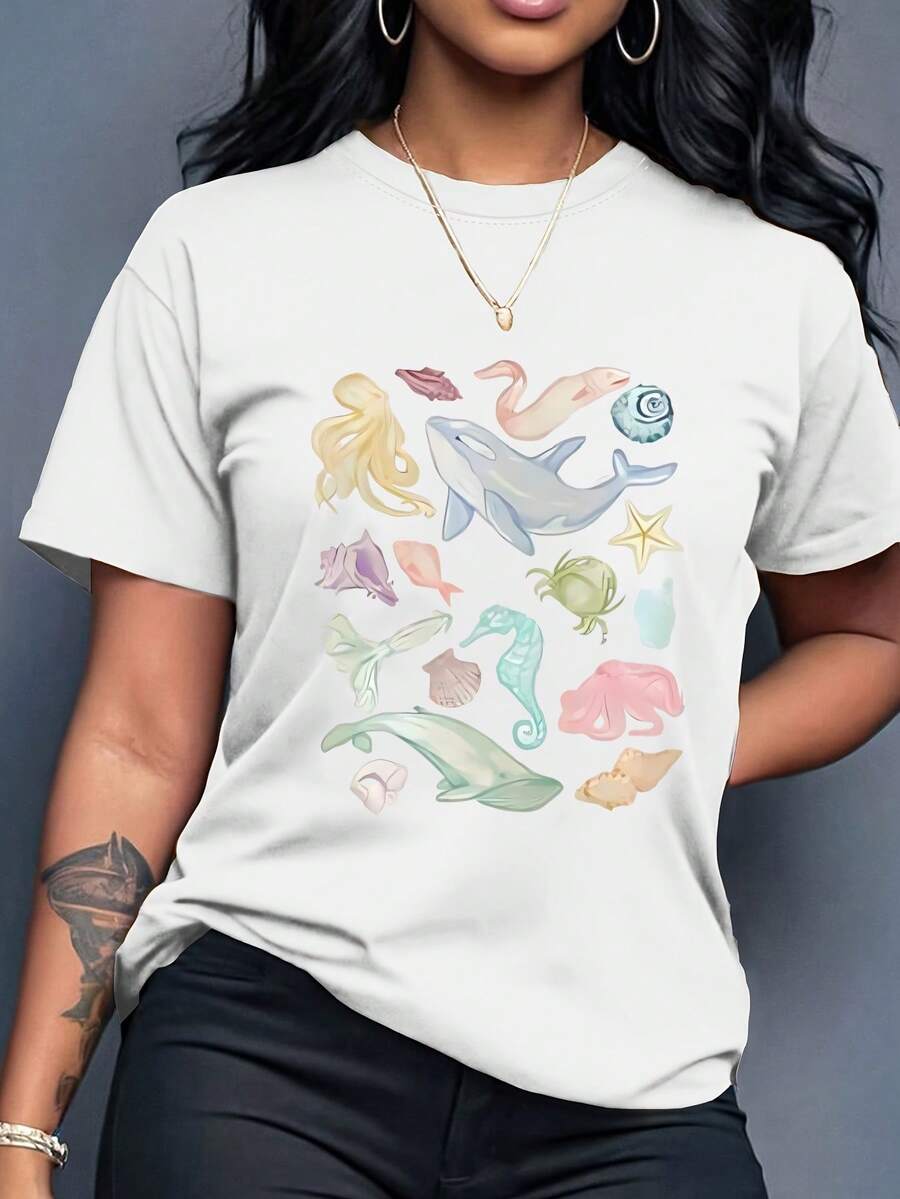 Camiseta Gráfica de Vida Oceánica ,Camiseta informal de algodón de verano para mujer, manga corta, cuello redondo, 220 g/m2 (1 pieza) - Blanco - Ver 1