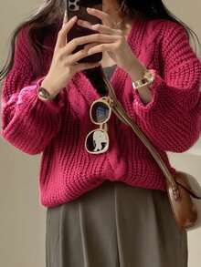 JIANHU 女士复古粗针织开衫，适合秋冬季节 - 纽扣前襟，长袖，情人节及其他场合的完美之选 - 紅色 - 查看 6
