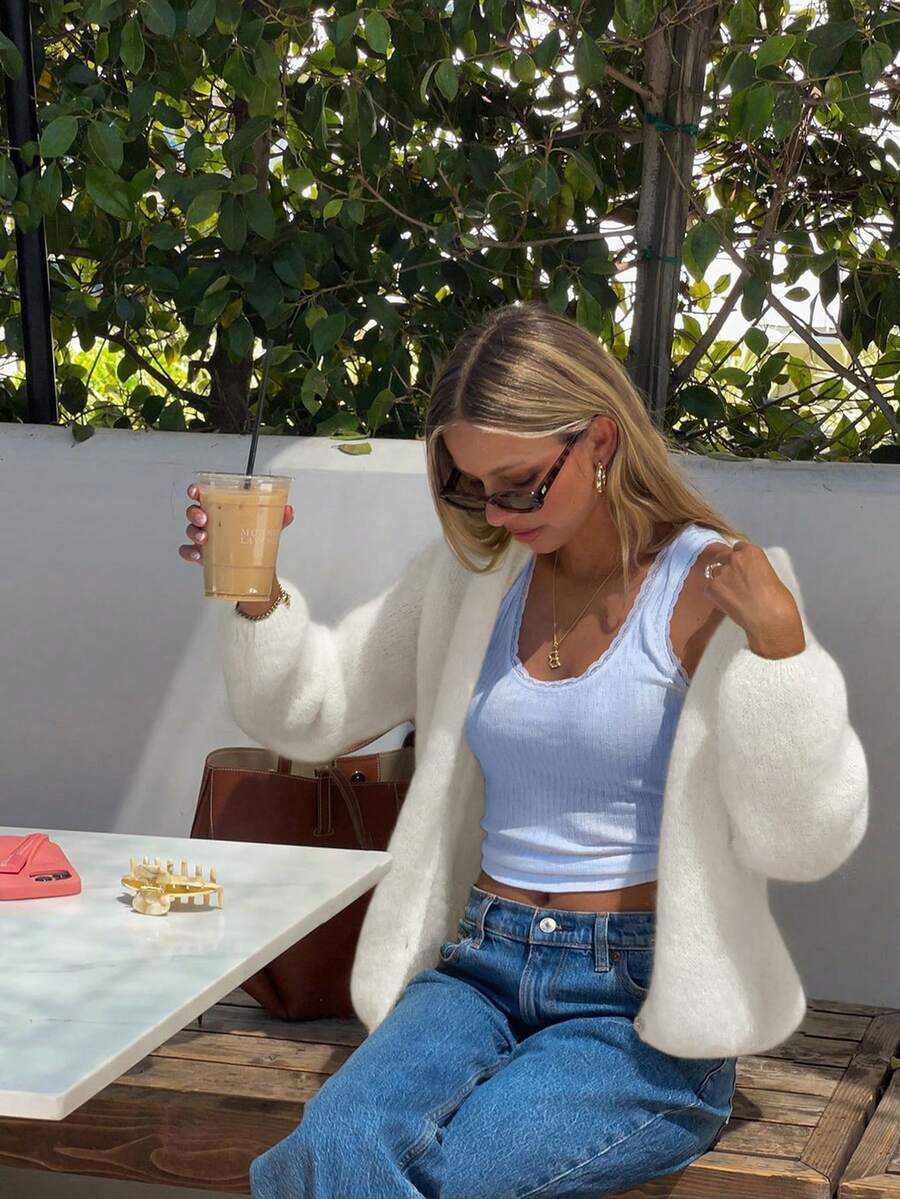 Cardigan de malha casual solto, cor lisa, decote em V, abotoamento simples - Branco - Ver 1