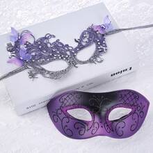 Couple Masquerade Masks Set - 2 Pcs Mysterious Lace Mask Vintage Antique Eyemasks For Men Women Mardi Gras Prom Ball,12709335 - Màu tím - Xem 2
