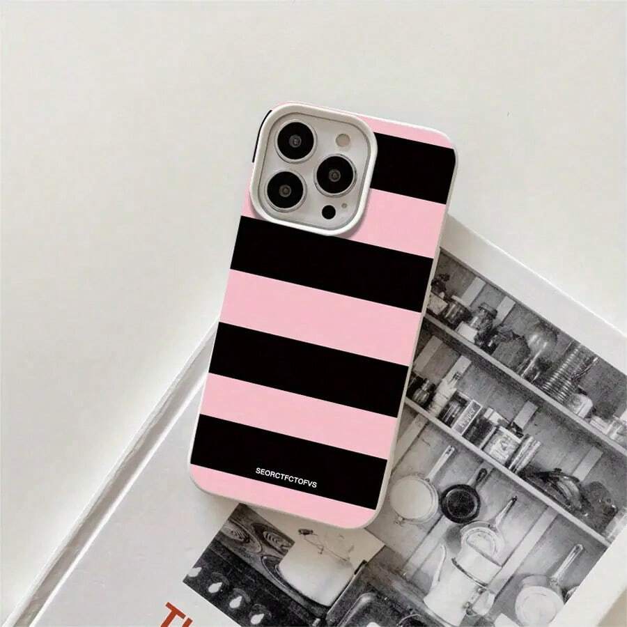 Funda protectora para phone con diseño de rayas rosas y negras (1 unidad), compatible con phone 16 Pro, 15 Pro, 14, 14 Plus, 14 Pro, 13, 13 Pro, 12 Pro y 11/11 Pro. Regalos para cumpleaños y celebraciones. - Blanco - Ver 1