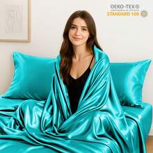 Lux Decor 4-Piece Satin Sheet Set, Silky Soft Polyester Bed Sheets With Deep Pocket Fitted Sheet, Breathable Cooling And Refreshing Bedding, Soft Touch, Washable Bed Linen For Home, Bedroom And Guest Room - Lake Blue - 查看 2